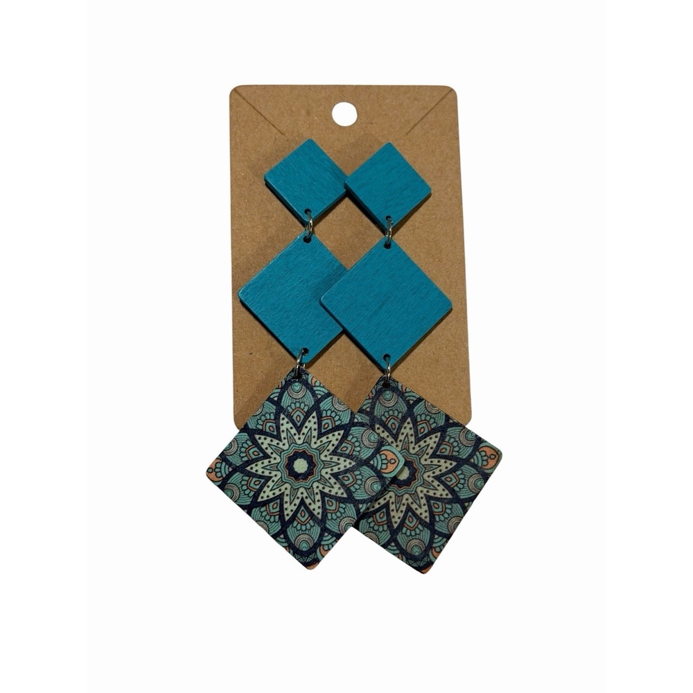 Boho Teal Blue Wood Mandala Tiered Square Drop Statement Earrings Geometric 4in